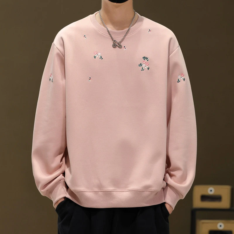 设计感刺绣卫衣男春秋季潮牌痞帅长袖T恤2025新款男士上衣服粉色