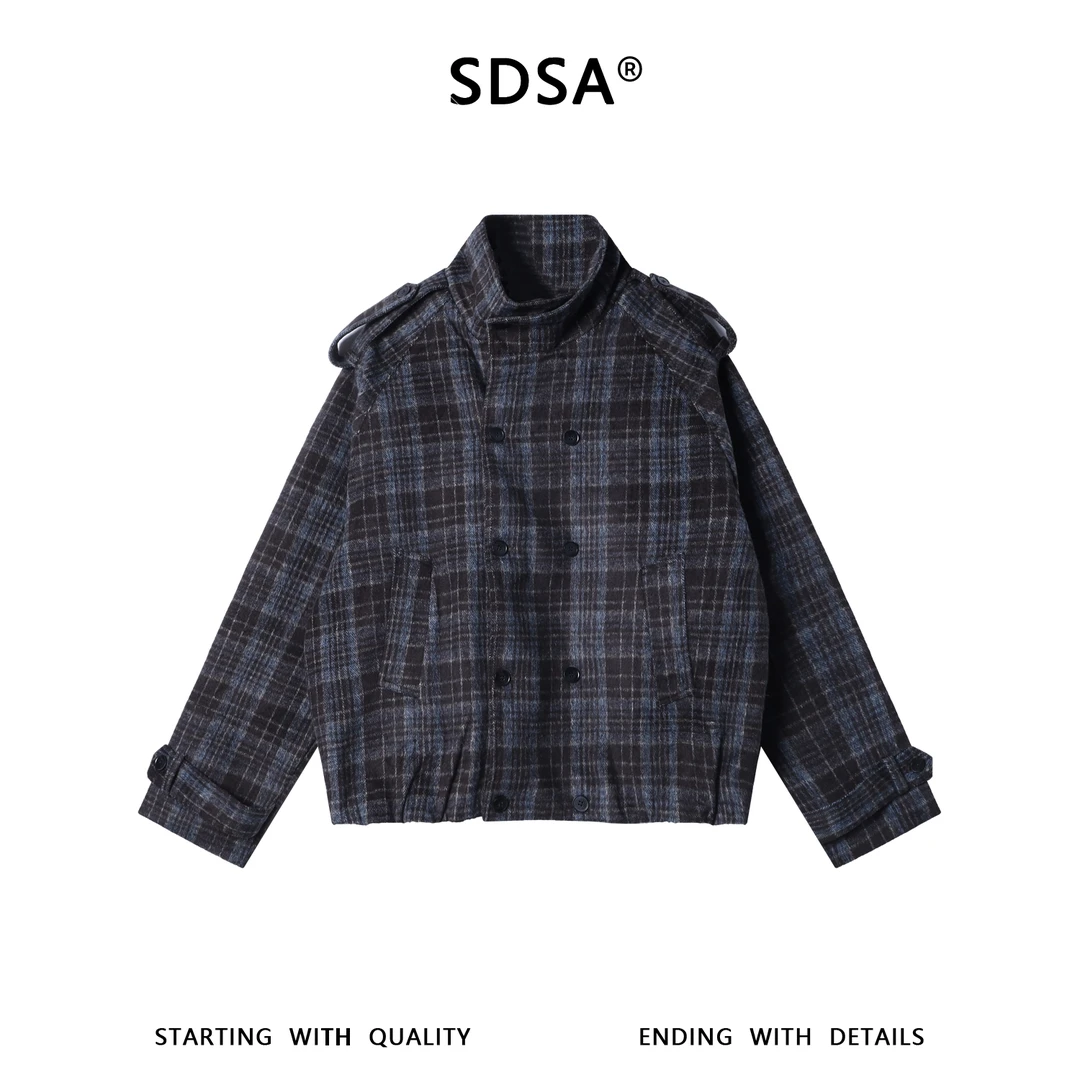 SDSA男士秋冬新款痞帅男装潮牌撞色格纹纽扣立领夹克外套时尚宽松