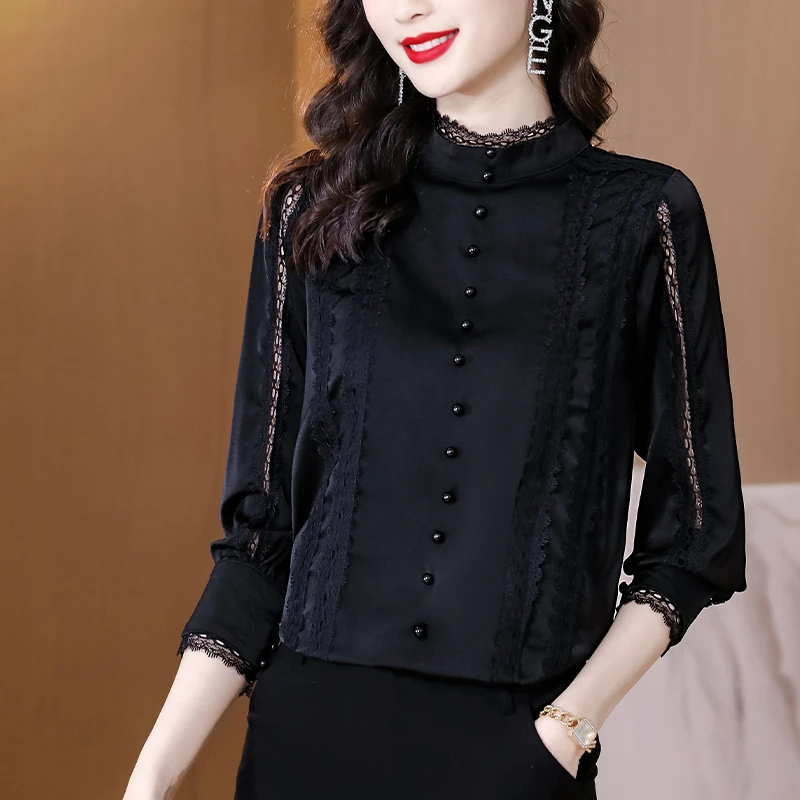 初春上衣女2025新款高级感半高领蕾丝衫黑色长袖衬衫春装洋气小衫