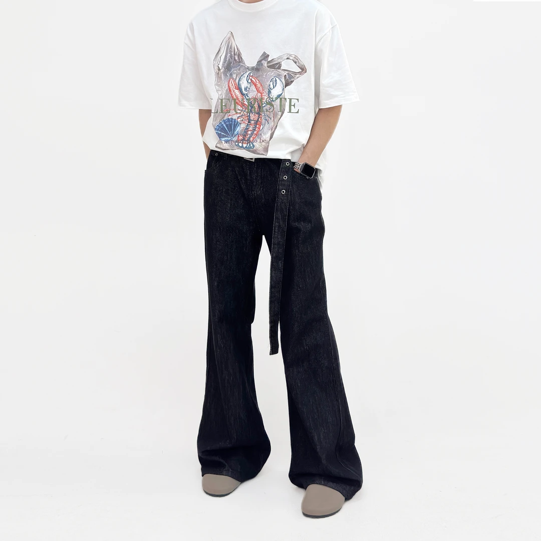 SongC时髦原色四季经典牛仔拖地裤男女宽松阔腿长裤（含腰带）直筒