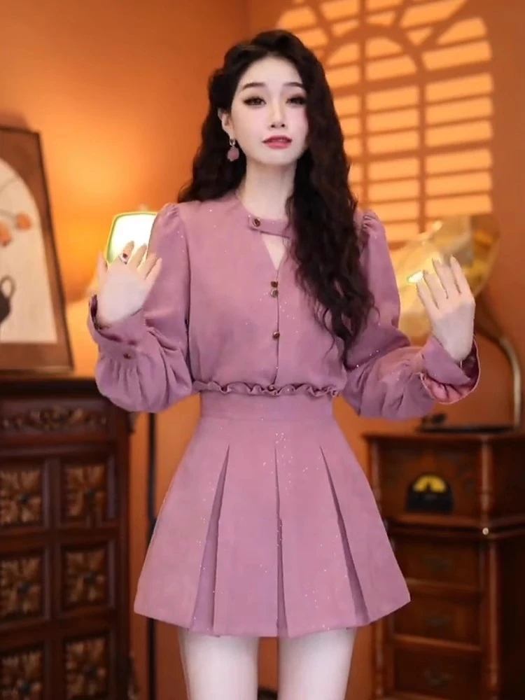 粉色长袖衬衫搭高腰百褶裙春季新款港风复古设计感小香风漂亮套装