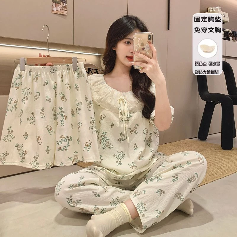 薄款睡衣夏季女云朵棉蕾丝圆领带固定胸垫三件套家居服套装短袖