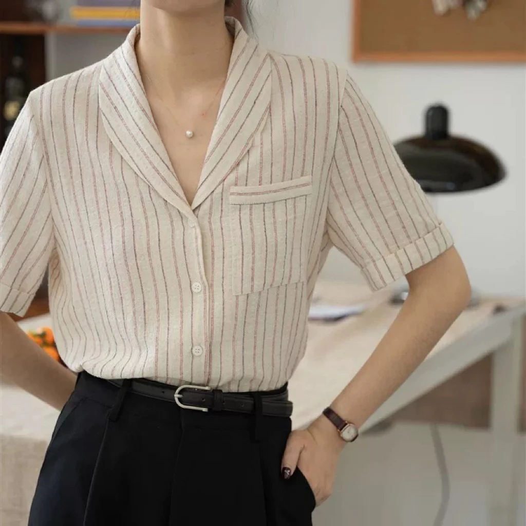 34 韩系百搭条纹翻领复古文艺风短袖衬衫（J011）