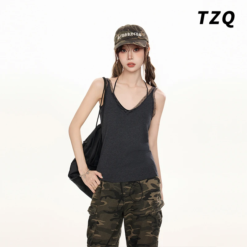 美式辣妹灰色蕾丝v领吊带背心女夏夏季修身收腰露背美背内搭上衣