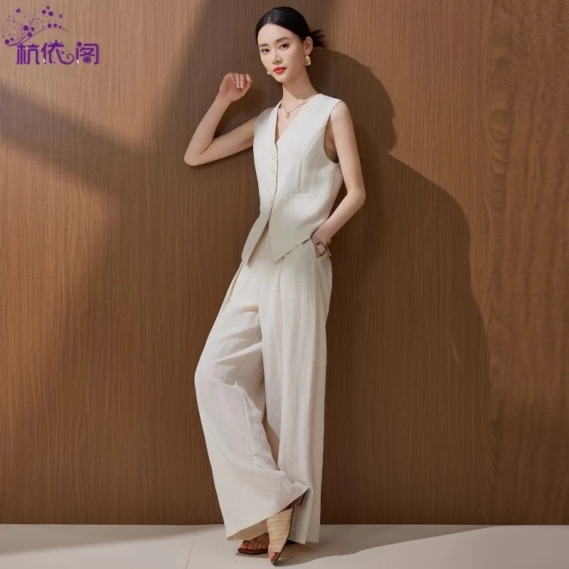 马甲阔腿裤两件套女夏2025新款时尚休闲洋气减龄无袖背心亚麻套装