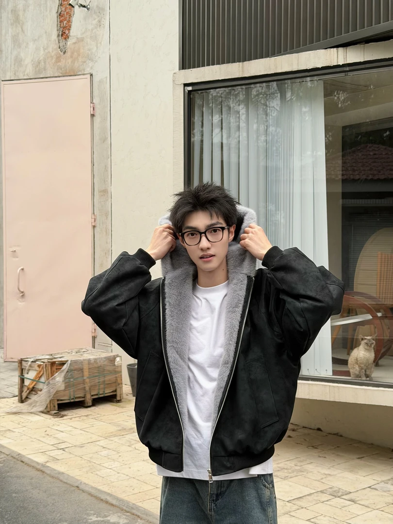 荔枝纹皮1500G连帽座山雕PU皮外套男女冬季加绒加厚皮衣毛领棉衣