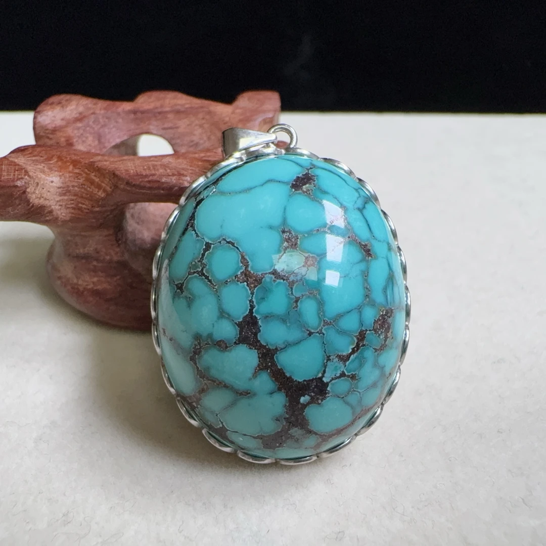 【伟伟鉴定】绿松石 原矿高瓷网花 银镶 蛋面 吊坠31/26/13