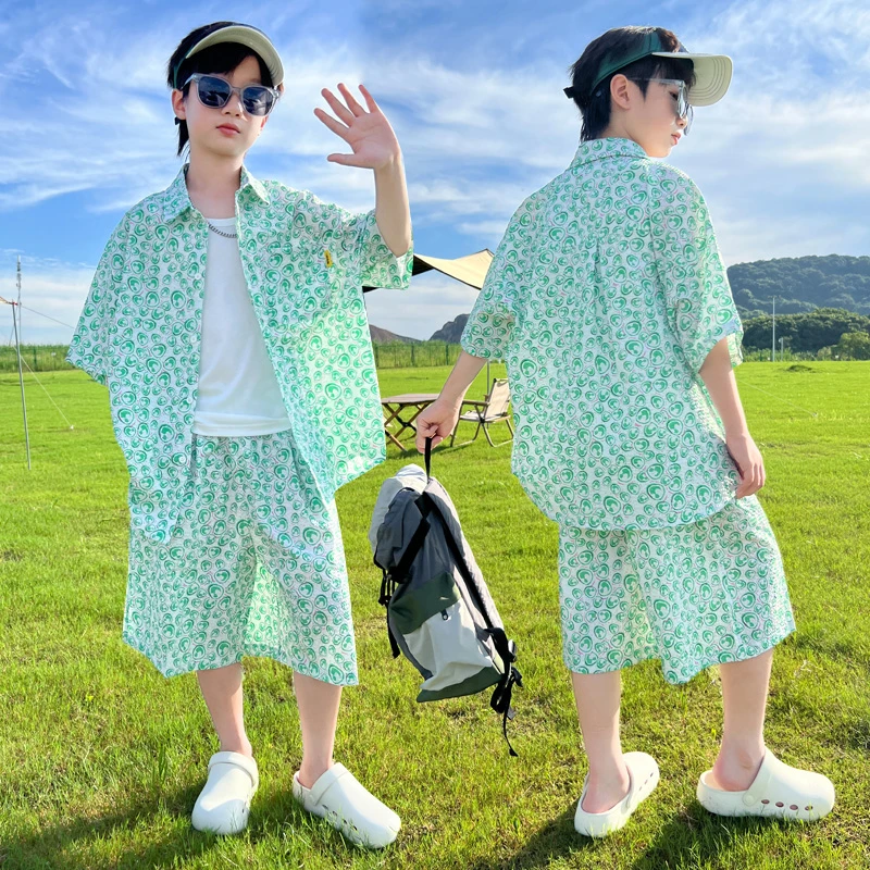 男童夏装套装2025新款男孩夏季休闲炸街衬衫两件套儿童夏款中大童