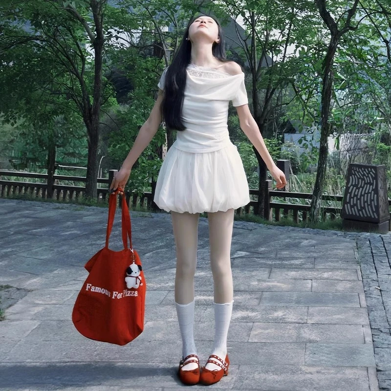 白色花苞裙裤女夏2025新款高腰显瘦甜美a字短裙小个子蓬蓬蛋糕裙