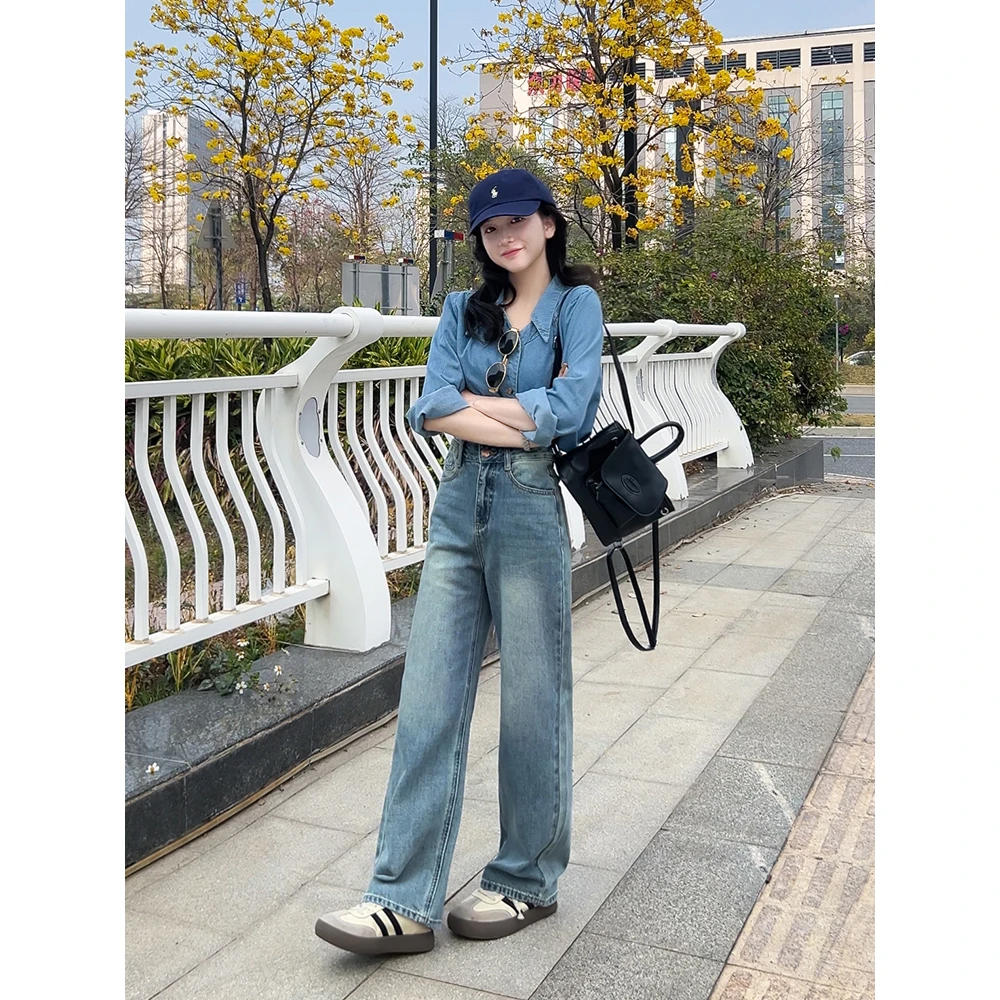阔腿牛仔裤小个子2025春季新款高腰显瘦宽松垂感洋气直筒女款裤子