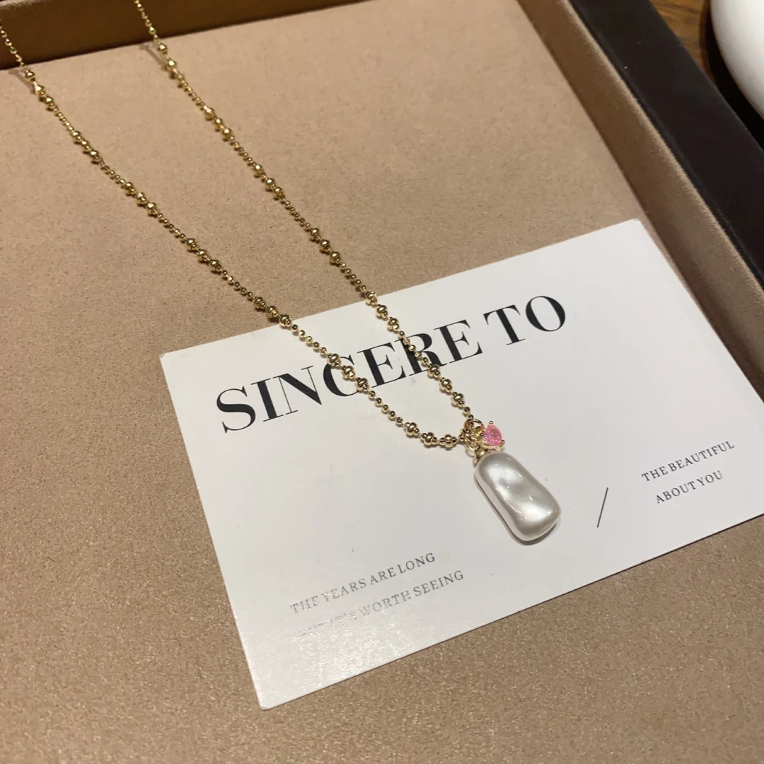 铜合金项链 复古不规则施家珠爱心项链女圆珠链珍珠锁骨链颈链