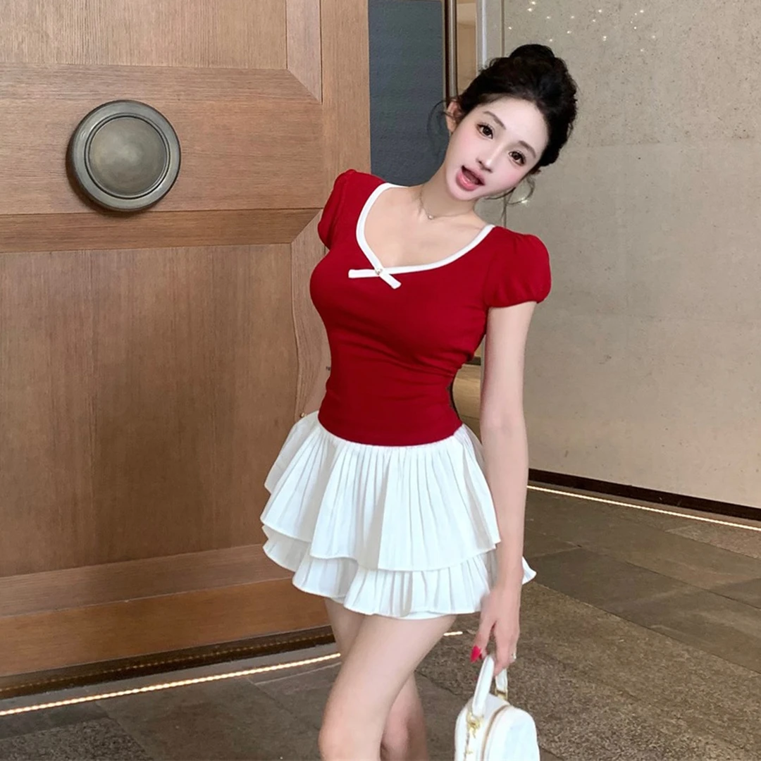 2025夏季新款女装泡泡袖短袖上衣蝴蝶结V领修身设计感小众百搭T恤