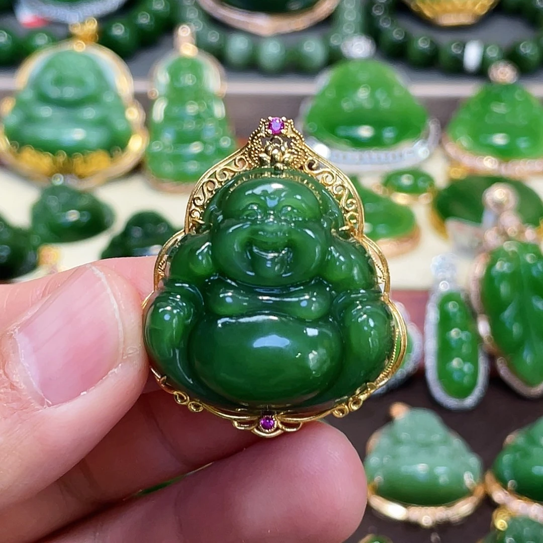 和田玉（碧玉）颈饰18K金镶嵌佛公30mm