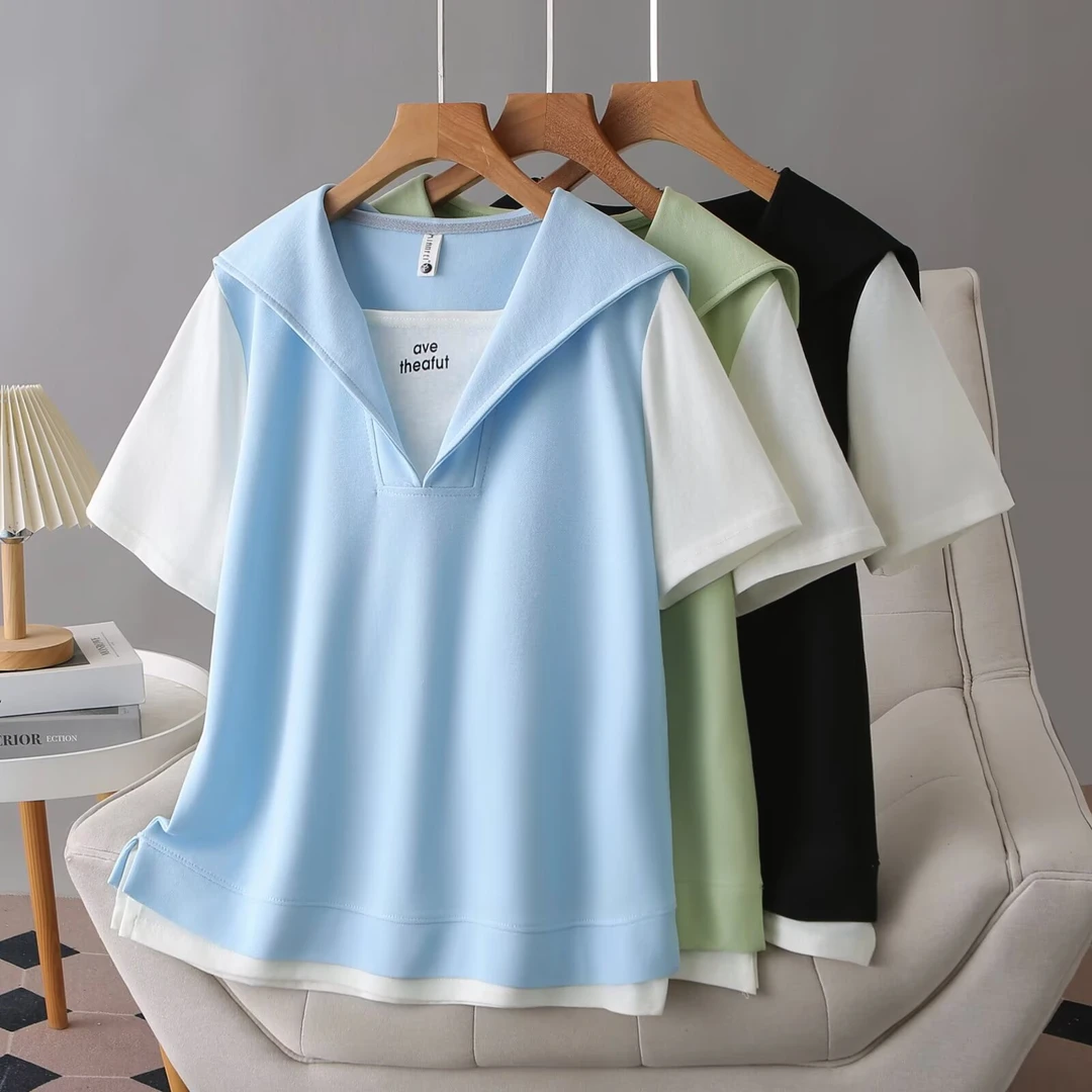 2025年夏季休闲风时尚宽松大码显瘦假两件连帽短袖T恤100—200斤