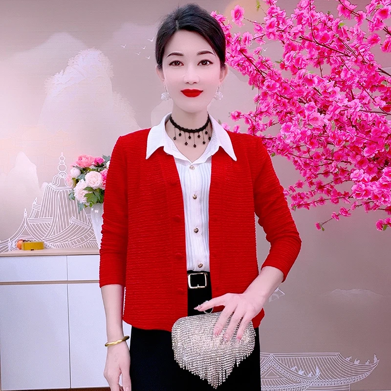 6602春秋气质时尚百搭针织开衫显瘦洋气长袖外套女士秋季红色外套