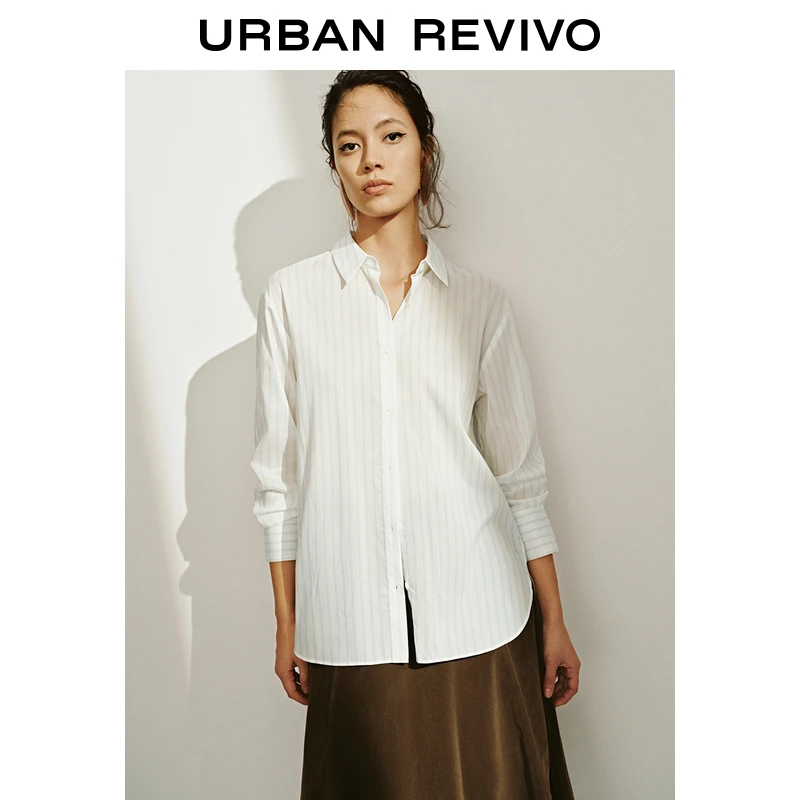 UR2025春季新款女装欧若风通勤撞色条纹拼接开襟衬衫UWG250027