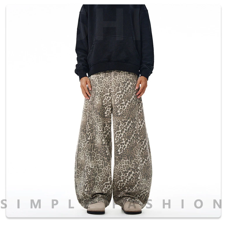 高街潮牌豹纹弯刀牛仔裤男女春秋季美式小众设计感廓形宽松休闲裤