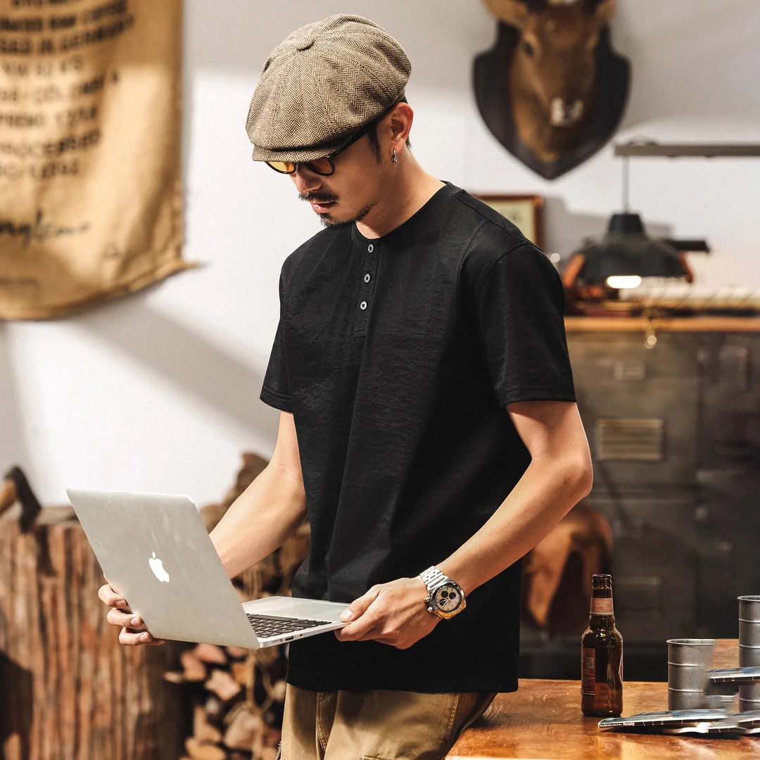 美式经典复古亨利领短袖Polo衫男款夏季t恤2025新款潮牌宽松上衣