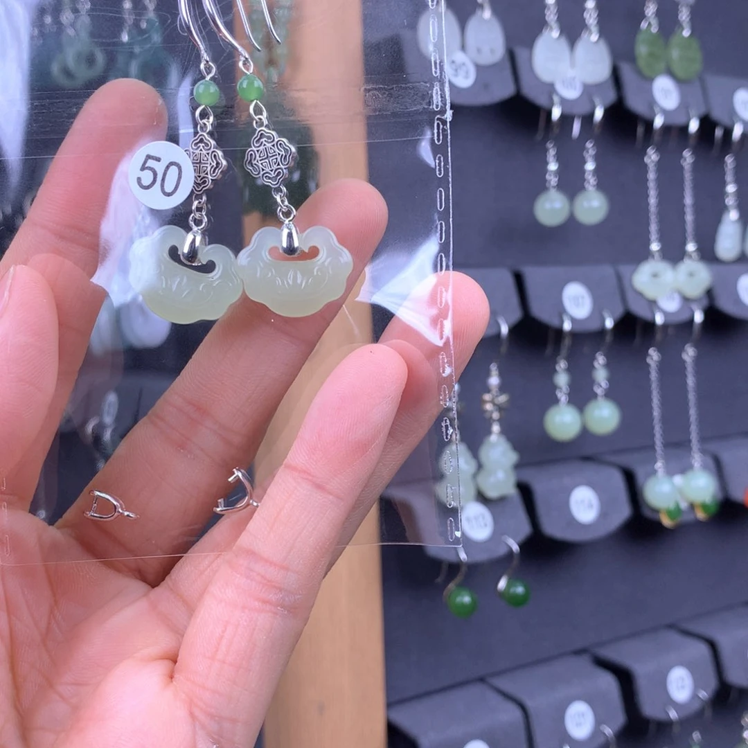 和田玉耳饰银S925镶嵌@*