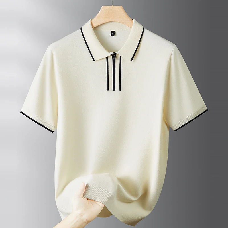 高端大码男士简约商务休闲短袖针织衫翻领拼色半拉链纯色时尚半袖