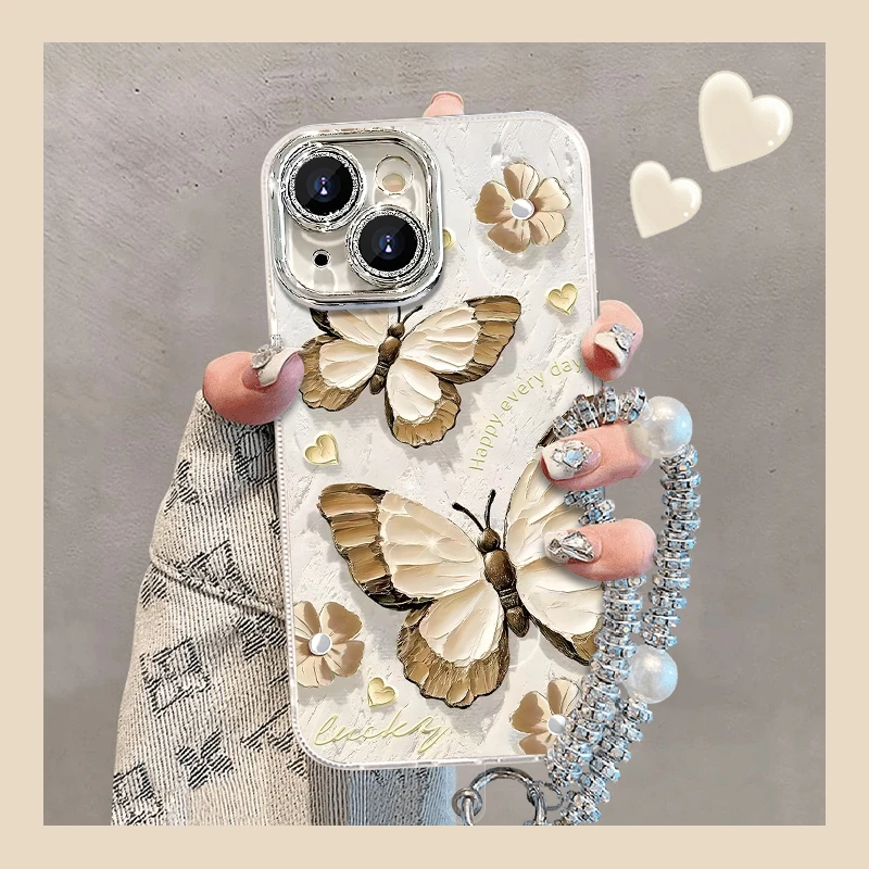 适用于【苹果】13时尚白色蝴蝶高级感防摔精孔羽纱手机壳