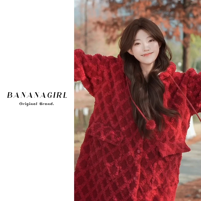 Bananagirl【摇落朱樱】睡衣女秋冬中长款睡袍加绒加厚家居服可外穿