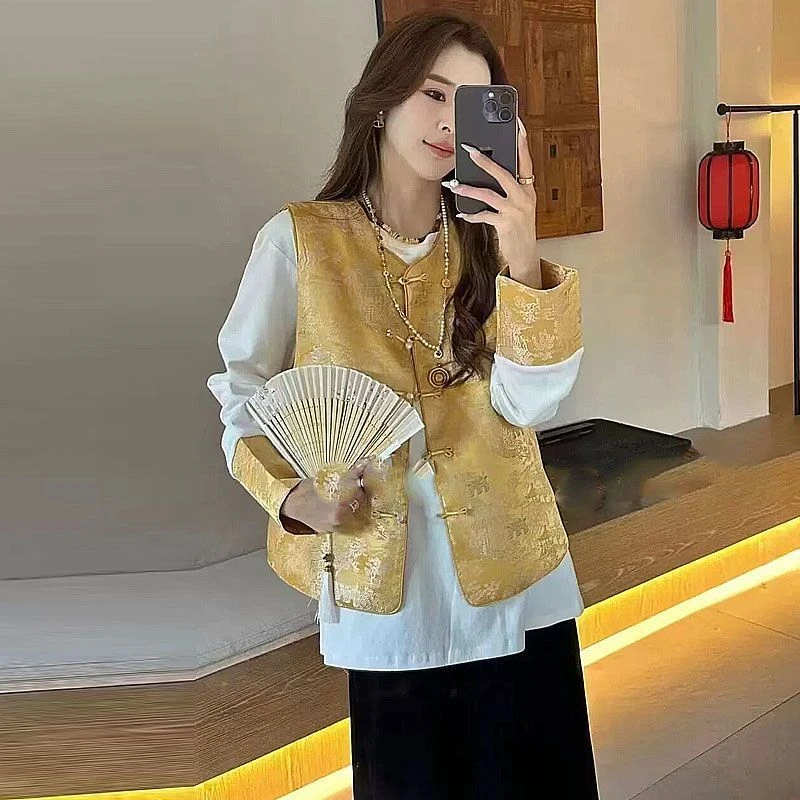 国风新中式小衫两件套2025春秋圆领长袖T恤+盘扣提花刺绣马甲女潮