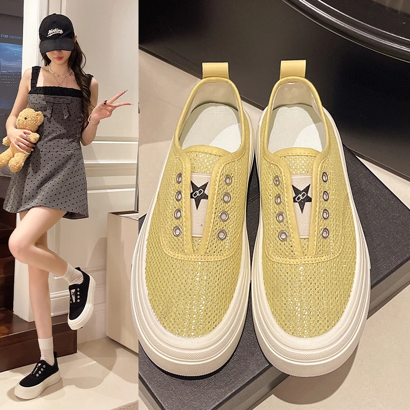 一脚蹬网纱板鞋2025夏季新款镂空网面透气时尚休闲鞋软底懒人鞋1