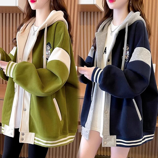 拼色刺绣连帽加绒加厚开衫卫衣女秋冬新款韩版宽松大码棒球服外套
