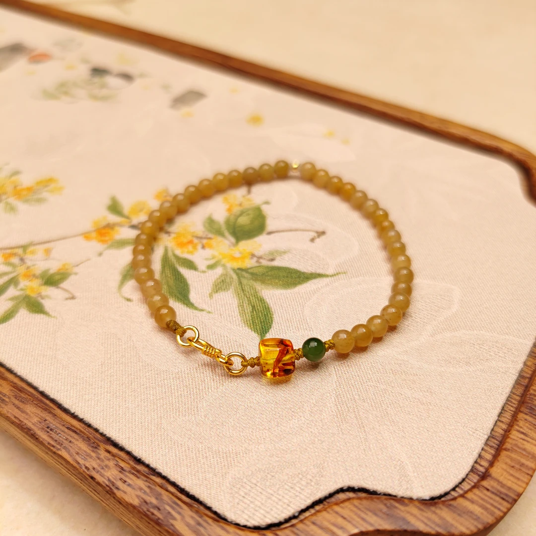 《花珀蜂蜜糖售价118》知余原创和田玉手串s925银镀金