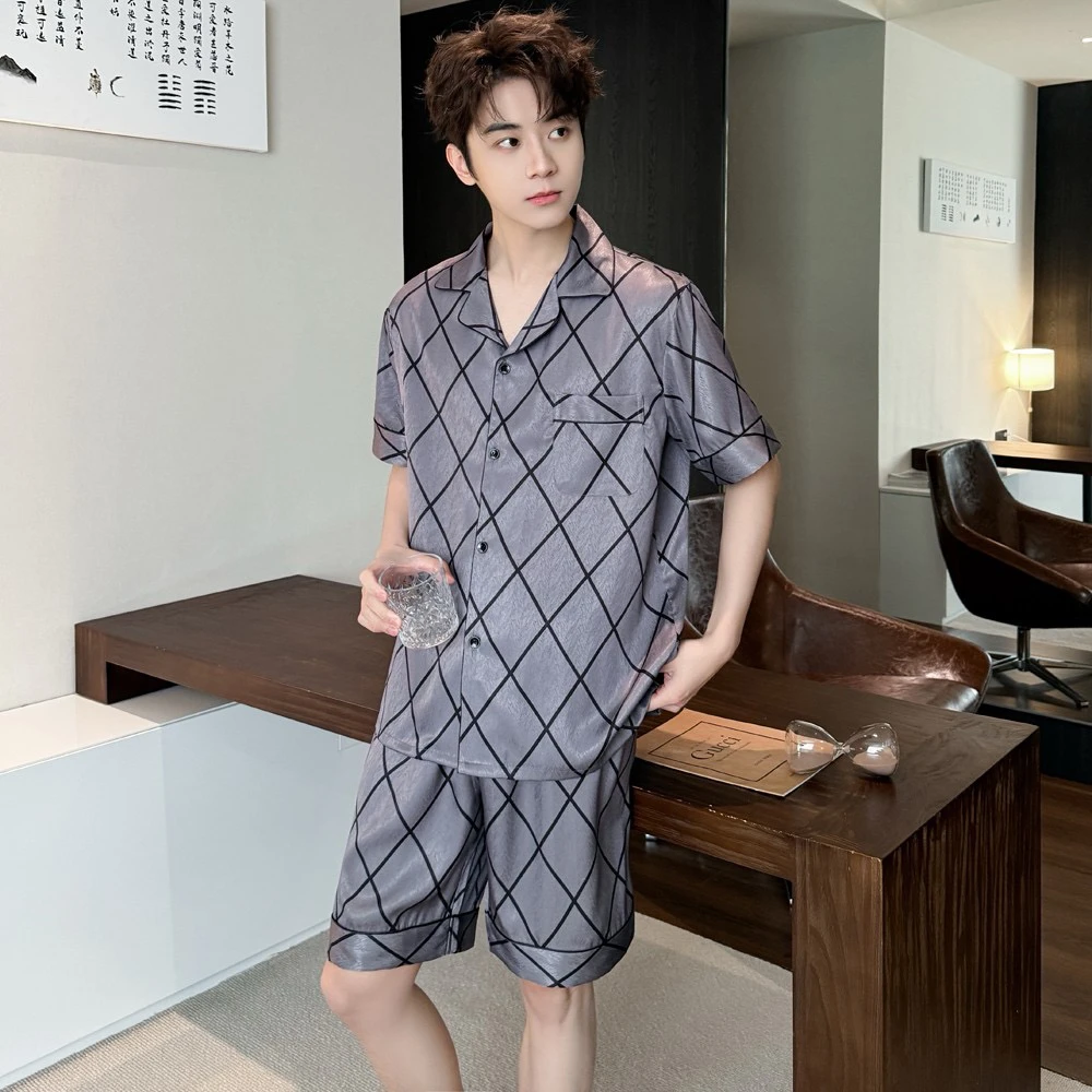 【绅灰逸格】夏季男士睡衣冰爽丝短袖短裤家居服套装
