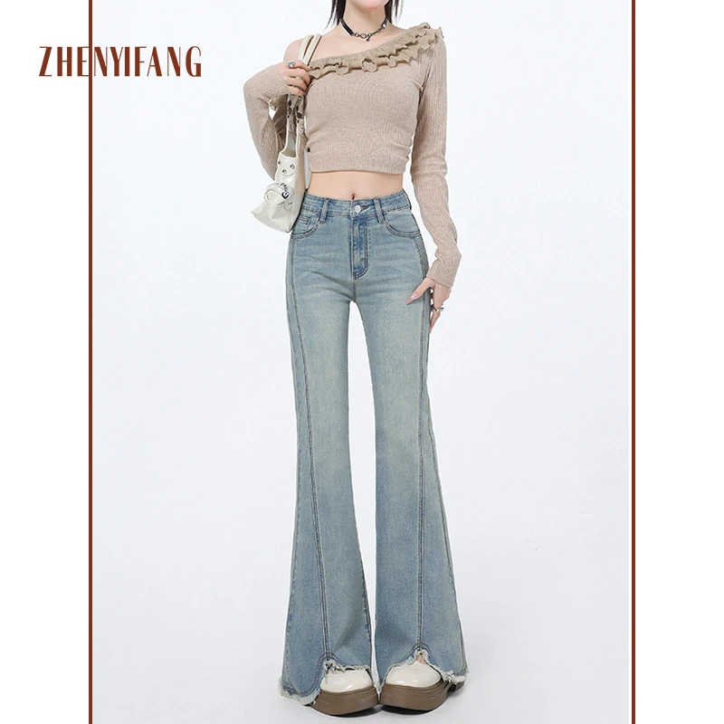 浅蓝毛边微喇牛仔裤女春款高腰修身显瘦马蹄拖地裤6581