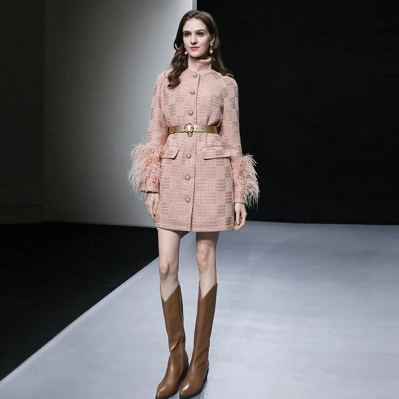 达菲时尚冬重工钉珠鸵鸟毛羽绒内胆粗花呢羽绒服QC10129165F