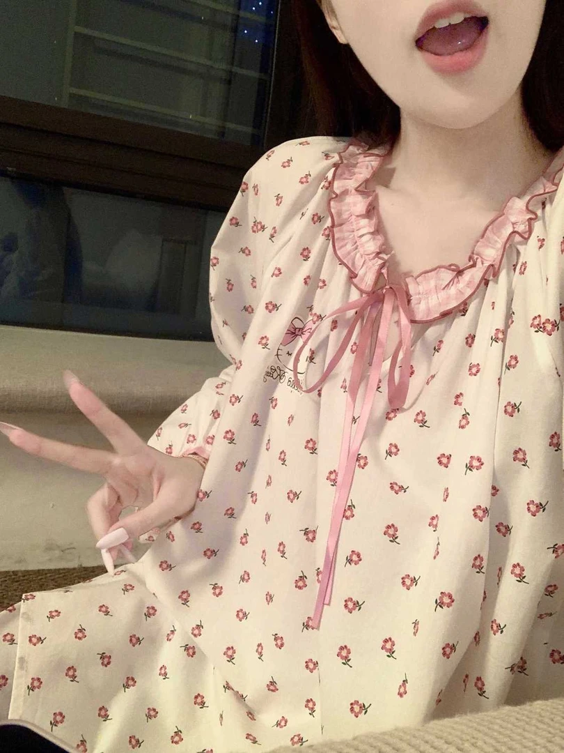 秋季新款甜美hellokitty少女睡衣可爱蝴蝶结荷叶边长袖家居服套装