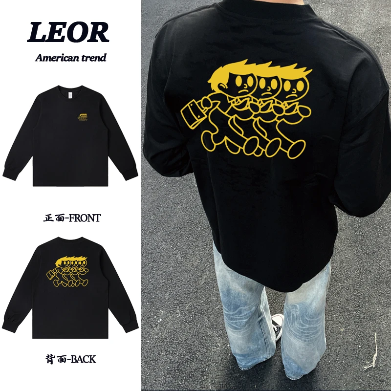 秋季新款 “不想上班”旷工小子设计街头纯棉圆领落肩袖重磅长袖T恤