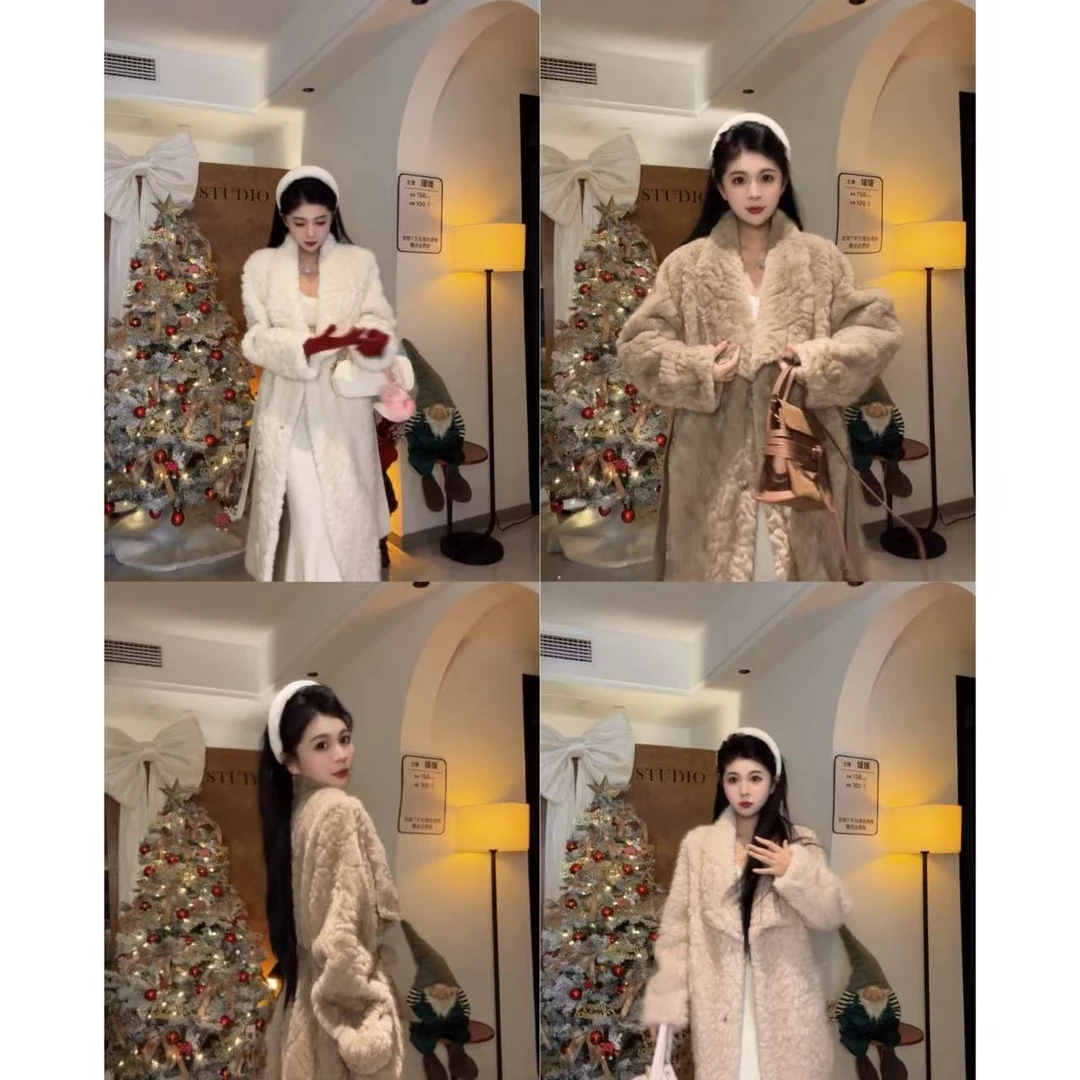 人造皮草 大翻领腰带长款毛毛大衣外套女