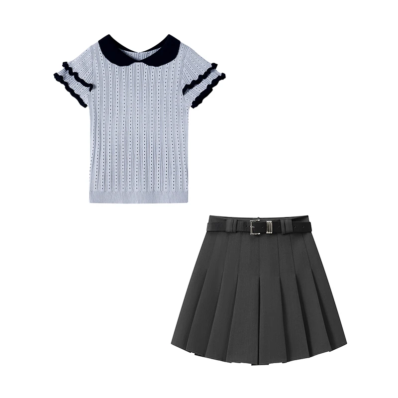 夏季穿搭一整套女新款休闲设计感短袖T恤半身百褶短裙两件套2040