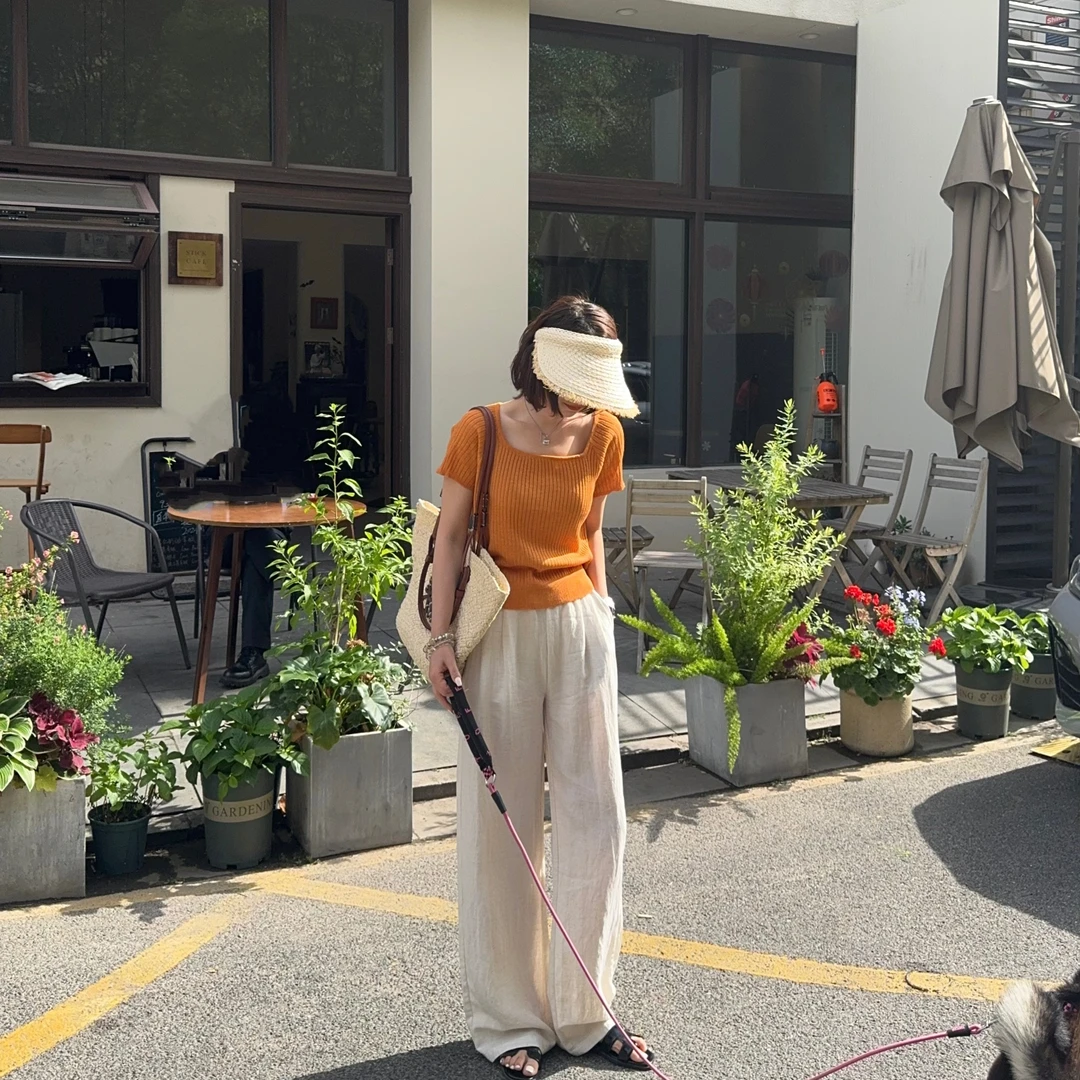 玳妮【后背绑带】夏季方领不规则下摆凹条短袖线衫轻薄款套头针织衫