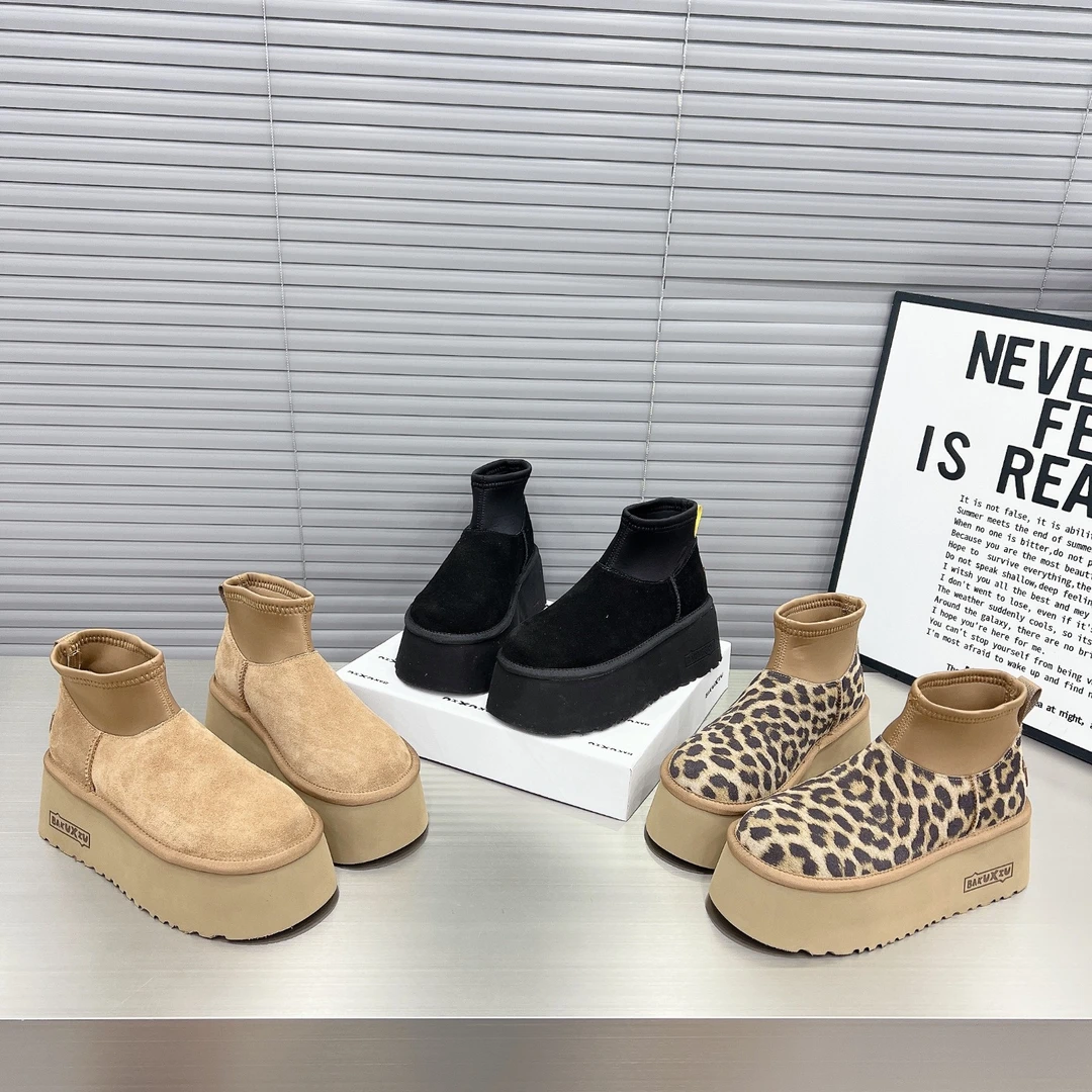 厚底增高磨砂皮加绒雪地靴保短靴女2025新款百搭弹力口套筒休闲靴