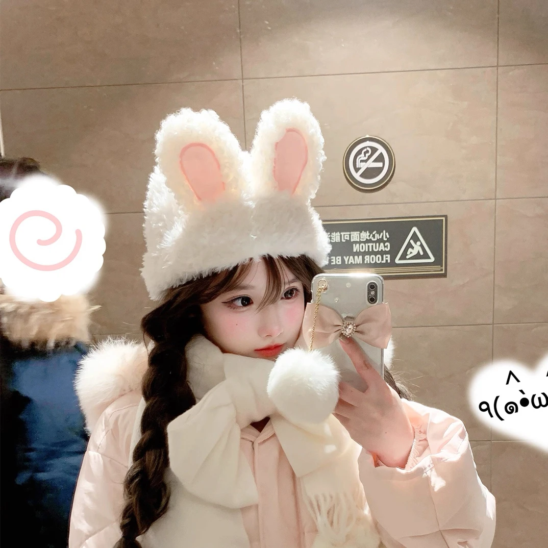 韩系可爱毛绒兔耳朵帽子女秋冬保暖针织帽护耳显脸小防风包头帽潮