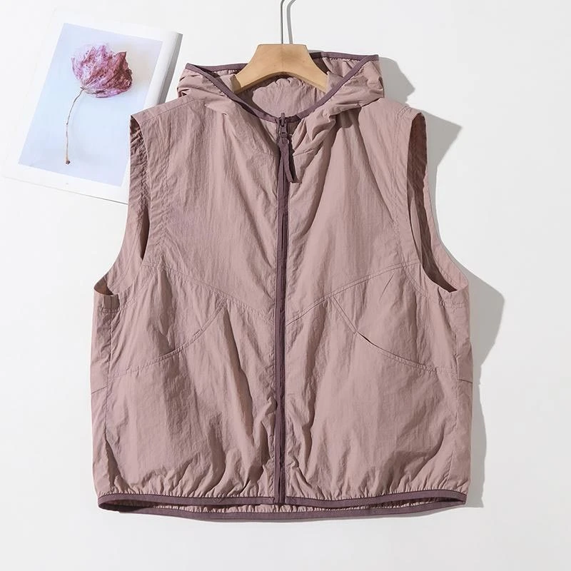 百搭上衣新款设计感防风透气撞色连帽显瘦休闲马甲女2025夏季