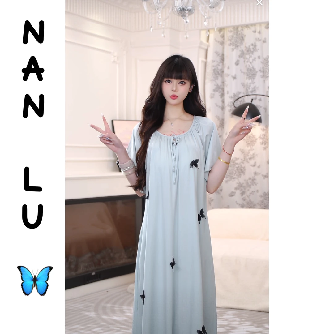 【蓝俏蝶韵】睡裙女夏季莫代尔带胸垫短袖睡衣2025新款外穿家居服薄