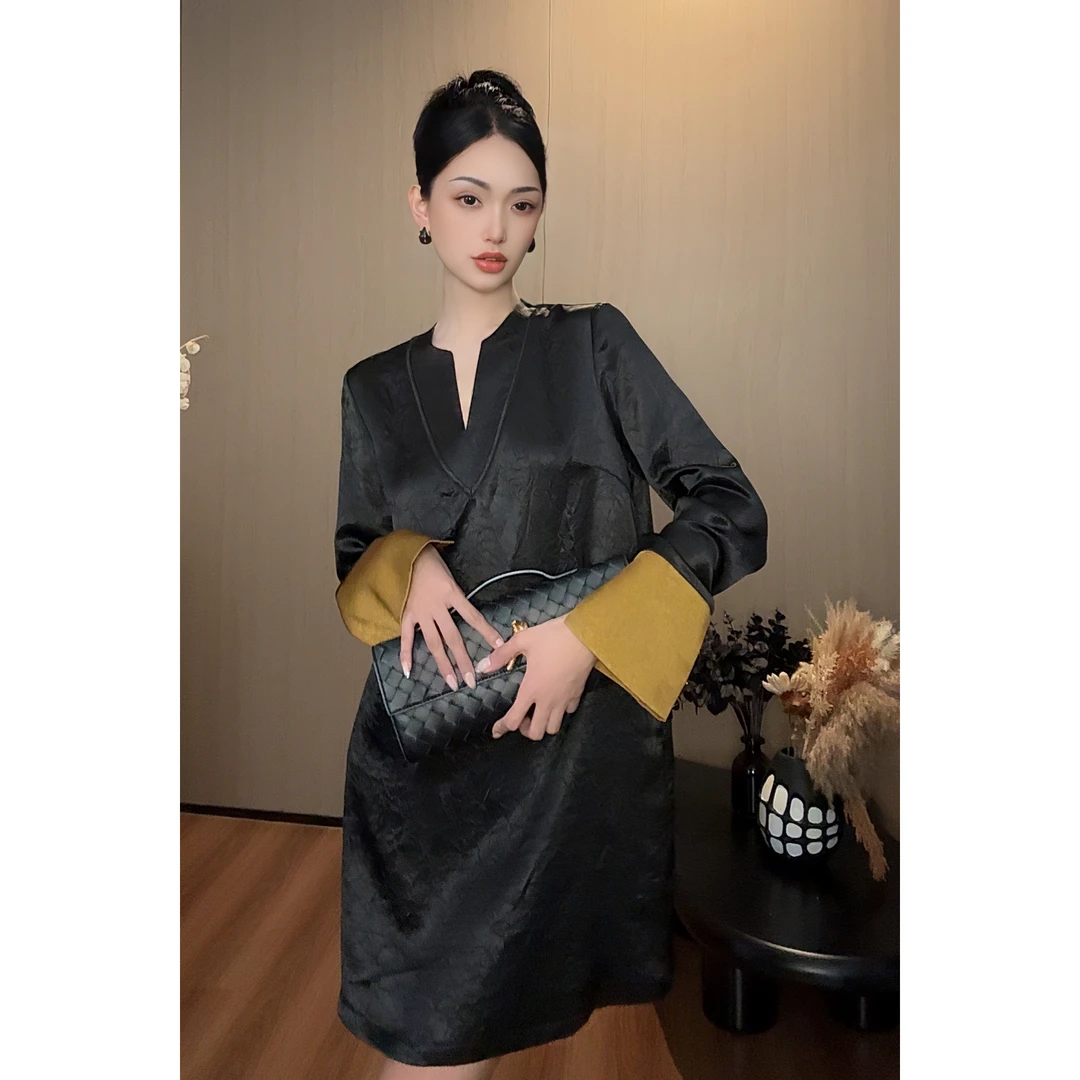 紫紫 中古美人 拼接撞色古色连衣裙秋季款轻奢连衣裙 ZC07LZHJ193