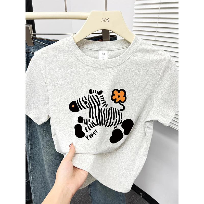 夏季新款韩版可爱洋气印花百搭正肩圆领短袖女装小个子打底衫上衣