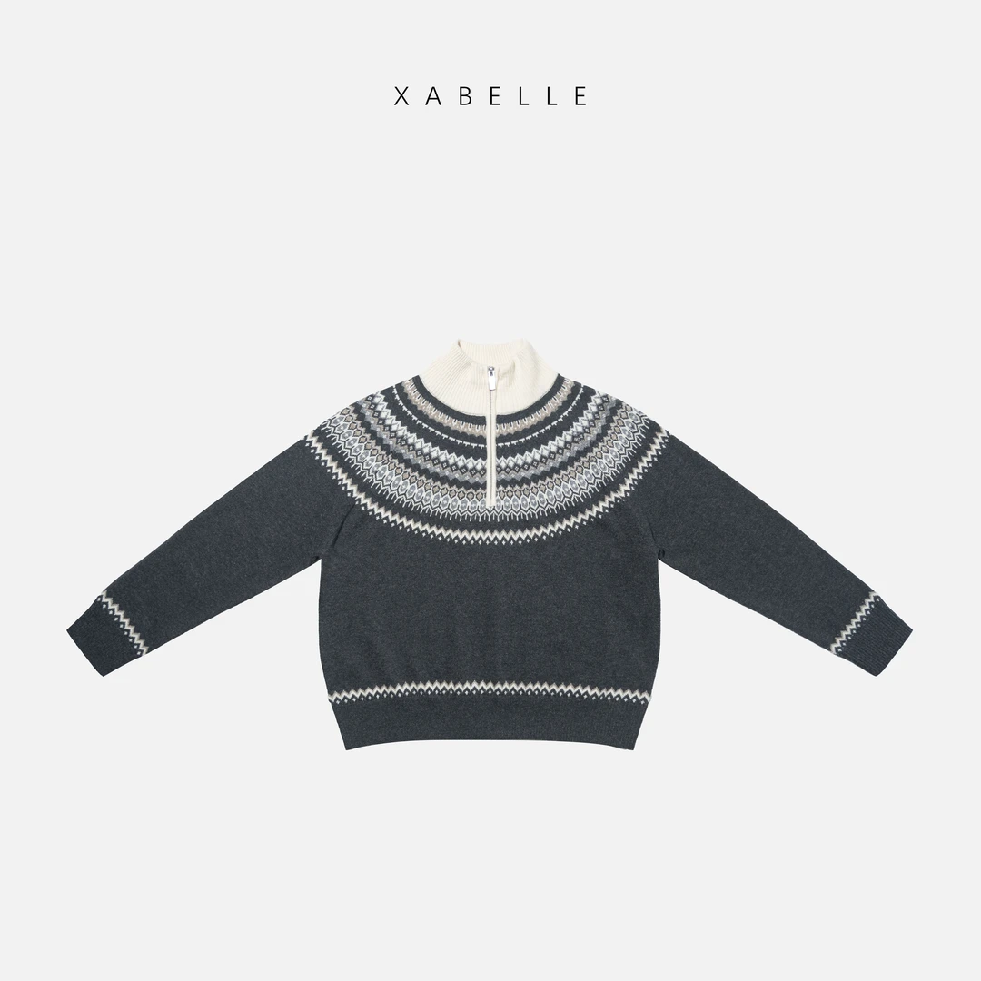 XABELLE 立领费尔岛 复古菱格提花 半拉链羊毛毛衣24116