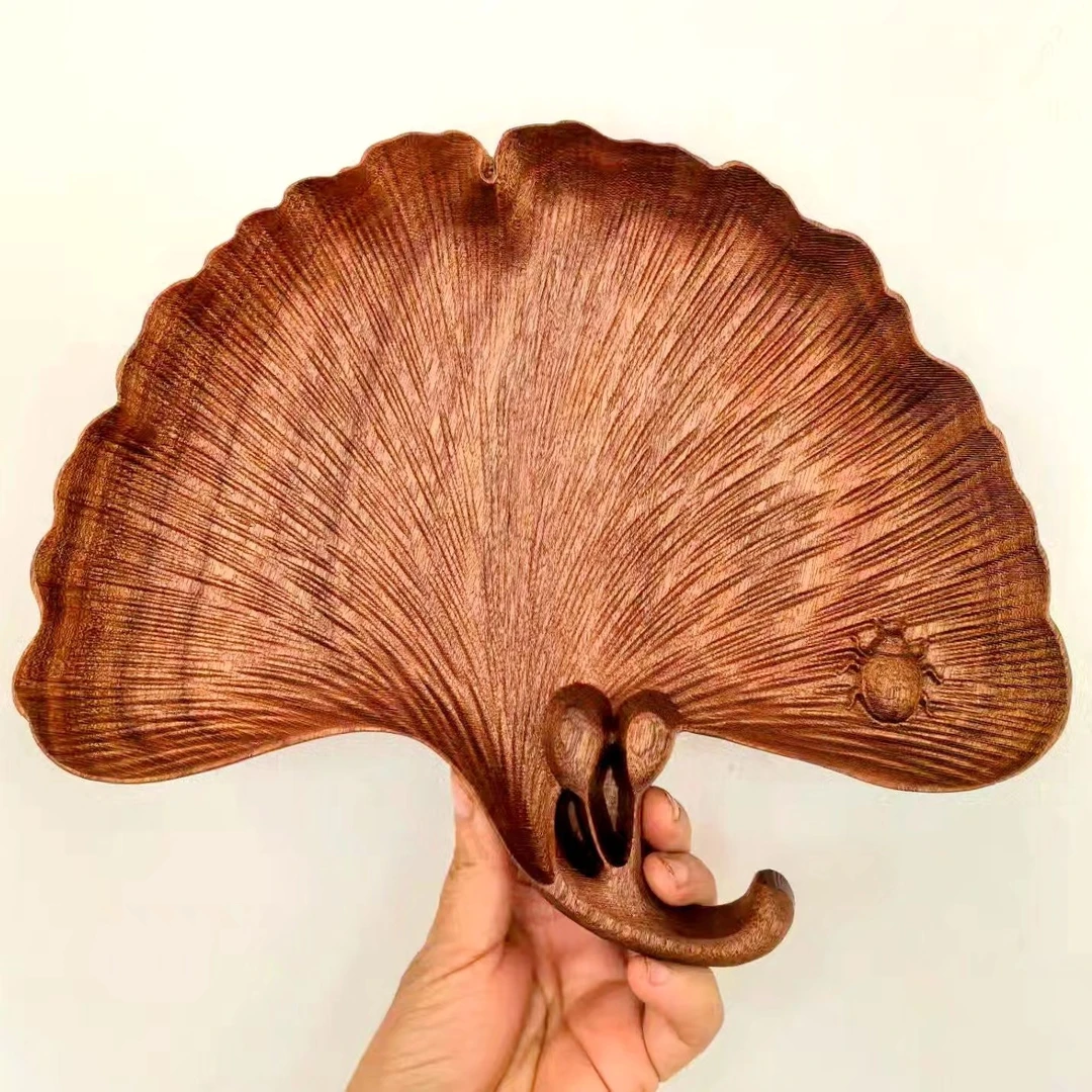 原创设计银杏叶型春节零食水果盘乌檀木整木雕刻客厅干果盘坚果盘