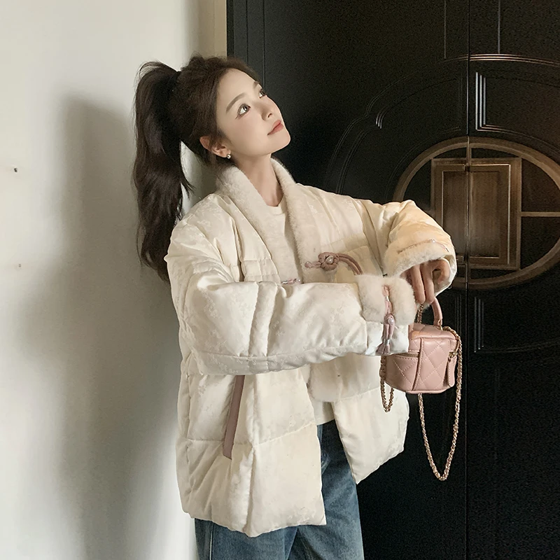 米白色新中式国风羽绒服女冬2025新款气质超好看保暖90白鸭绒外套