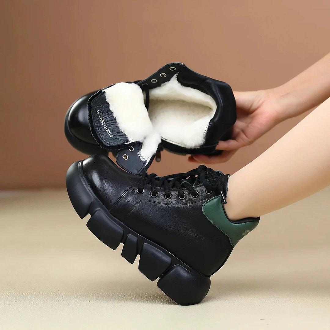 7961秋冬新款真皮羊毛马丁靴女保暖加绒松糕厚底短靴皮毛一体棉鞋
