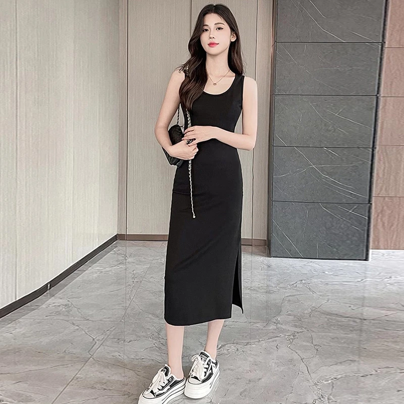 老钱风松弛感女装2025年黑色吊带收腰显瘦无袖背心裙气质包臀长裙