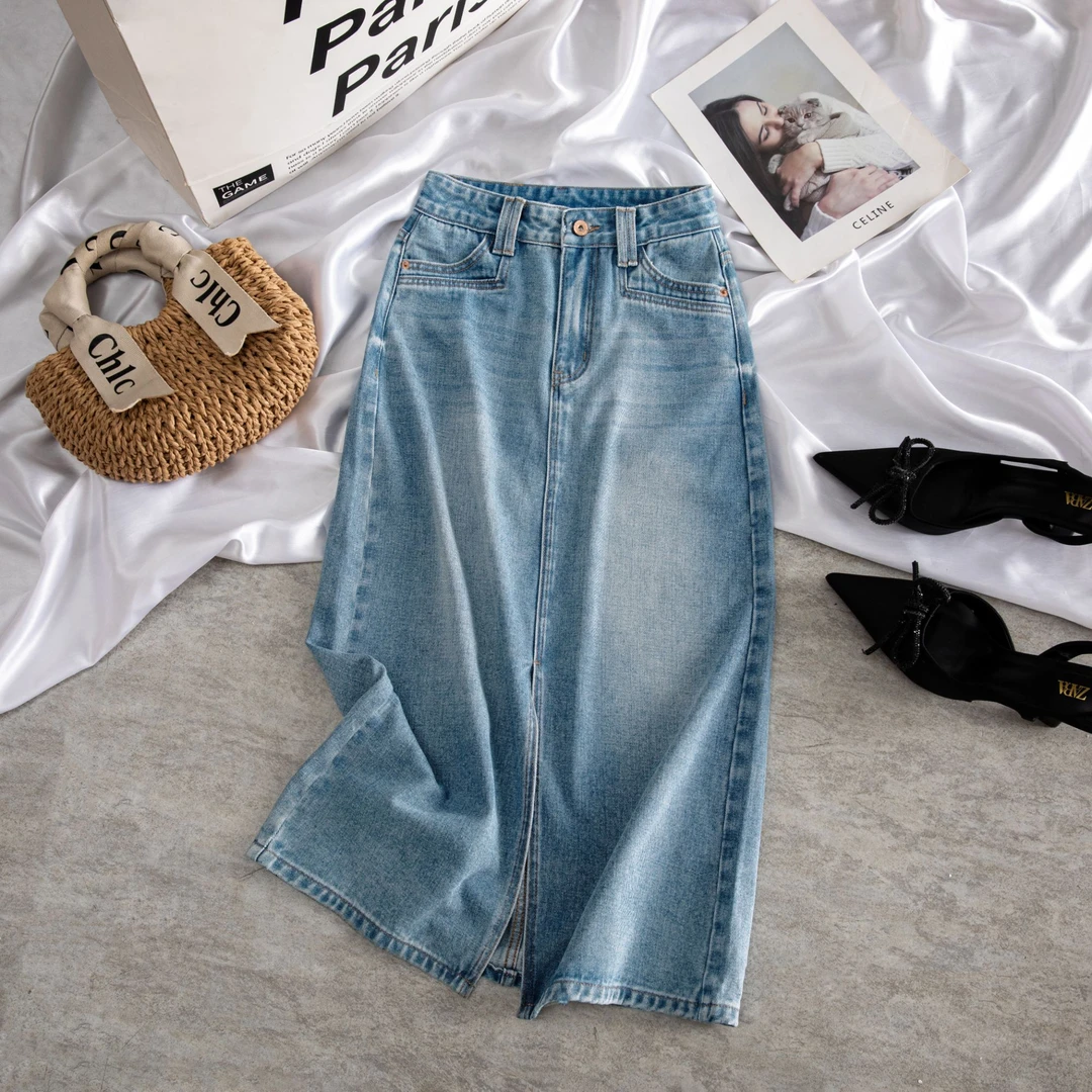 前开叉牛仔中长裙2025新款显瘦小个子高腰百搭a字版设计款裙子